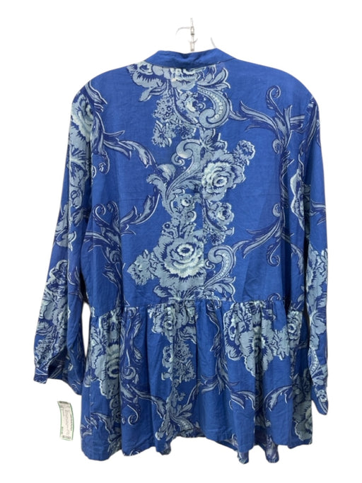 Ro's Garden Size L Blue Print Cotton Floral Button Up Long Sleeve Peplum Top Blue Print / L