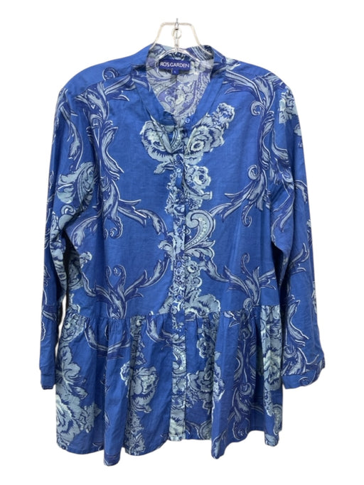 Ro's Garden Size L Blue Print Cotton Floral Button Up Long Sleeve Peplum Top Blue Print / L