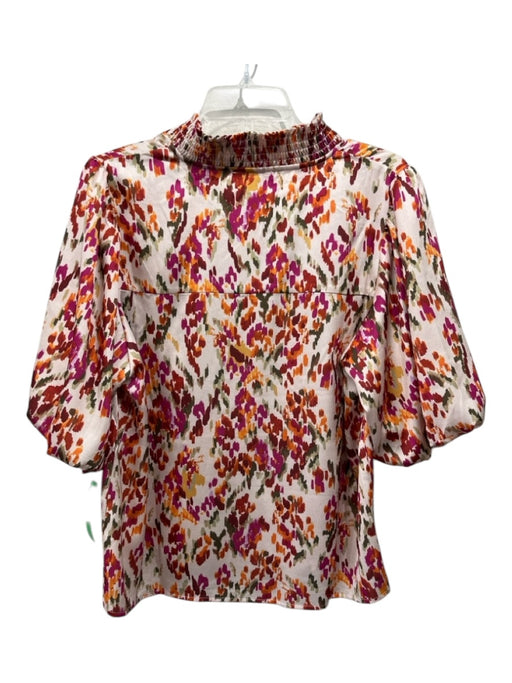 THML Size L Cream & Red Print Polyester V Neck Smocked Neckline Abstract Top Cream & Red Print / L