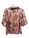 THML Size L Cream & Red Print Polyester V Neck Smocked Neckline Abstract Top Cream & Red Print / L