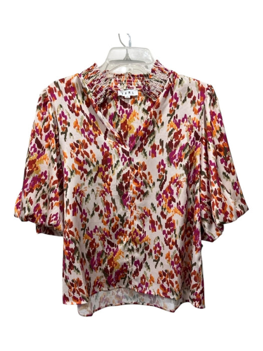 THML Size L Cream & Red Print Polyester V Neck Smocked Neckline Abstract Top Cream & Red Print / L