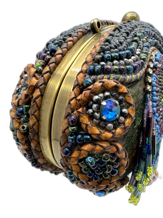 Mary Frances Purple, Green, blue Beads Peacock feather Chain Strap Clutch Bag Purple, Green, blue / Small