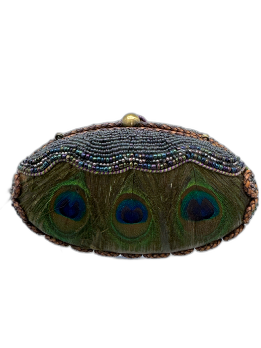 Mary Frances Purple, Green, blue Beads Peacock feather Chain Strap Clutch Bag Purple, Green, blue / Small