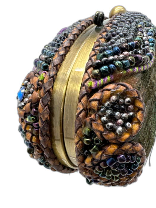 Mary Frances Purple, Green, blue Beads Peacock feather Chain Strap Clutch Bag Purple, Green, blue / Small