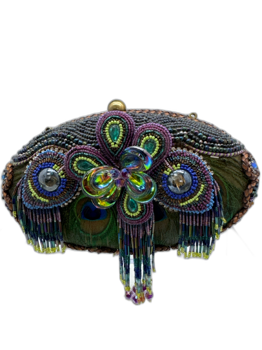 Mary Frances Purple, Green, blue Beads Peacock feather Chain Strap Clutch Bag Purple, Green, blue / Small