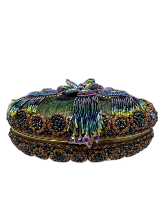 Mary Frances Purple, Green, blue Beads Peacock feather Chain Strap Clutch Bag Purple, Green, blue / Small