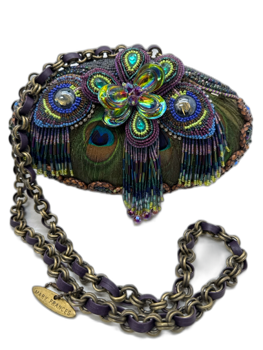 Mary Frances Purple, Green, blue Beads Peacock feather Chain Strap Clutch Bag Purple, Green, blue / Small