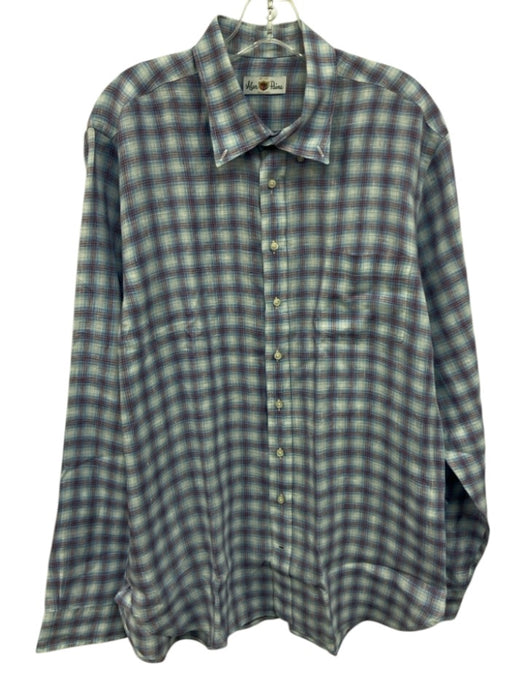Alan Paine Size Est L Blue & Red Linen Blend Plaid Button Up Long Sleeve Shirt Blue & Red / Est L
