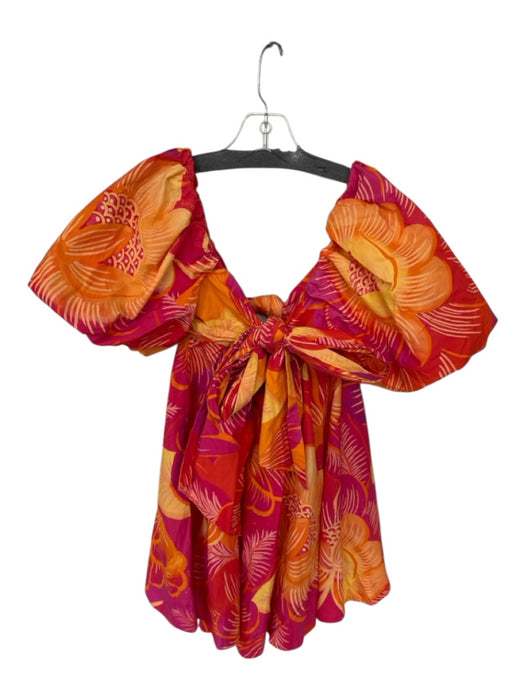 Farm Rio Size S Orange & Pink Cotton Puff Sleeves Tie Back Knot Detail Dress Orange & Pink / S