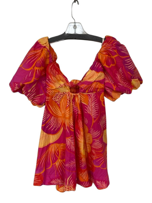 Farm Rio Size S Orange & Pink Cotton Puff Sleeves Tie Back Knot Detail Dress Orange & Pink / S