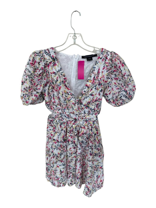 French Connection Size 2 White & Multi Cotton Puff Sleeves Side Cut Outs Dress White & Multi / 2