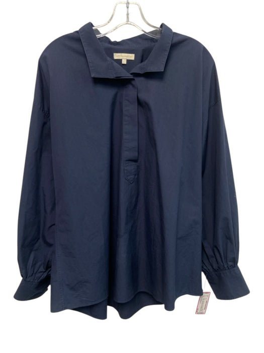 Ann Mashburn Size L Navy Blue Cotton Collar Long Sleeve Half Button Top Navy Blue / L