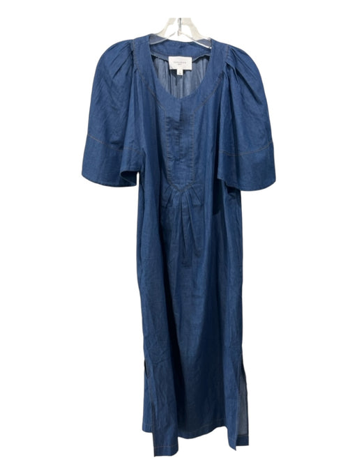 Pomander Place Size L Blue Cotton Denim V Neck Maxi Side Slit Dress Blue / L