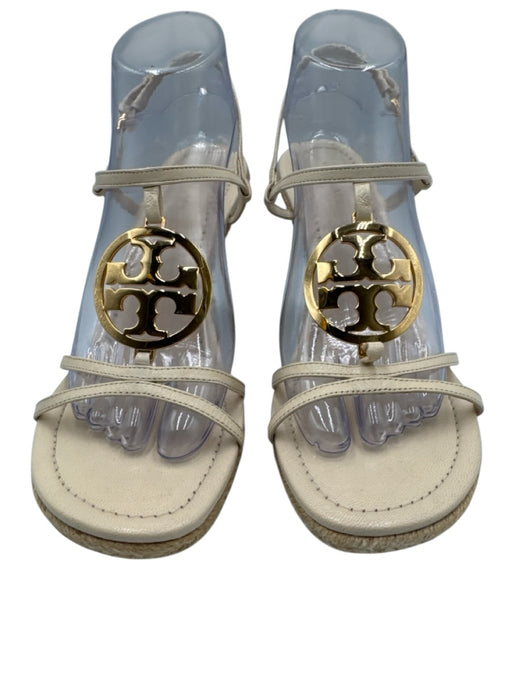 Tory Burch Shoe Size 9 Beige Leather Gold Tone Hardware Logo Slingback Wedges Beige / 9