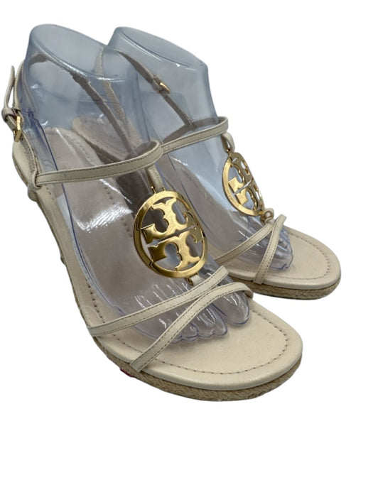 Tory Burch Shoe Size 9 Beige Leather Gold Tone Hardware Logo Slingback Wedges Beige / 9