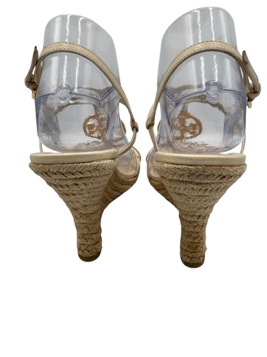Tory Burch Shoe Size 9 Beige Leather Gold Tone Hardware Logo Slingback Wedges Beige / 9