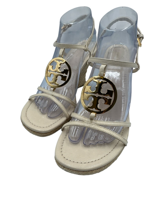 Tory Burch Shoe Size 9 Beige Leather Gold Tone Hardware Logo Slingback Wedges Beige / 9