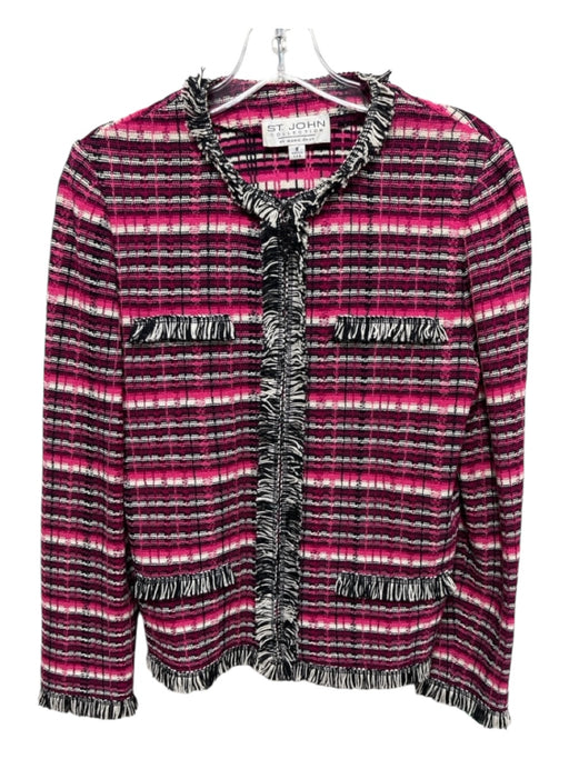 St John Collection Size 6 Pink, Black & White Wool Blend Fringe trim Jacket Pink, Black & White / 6