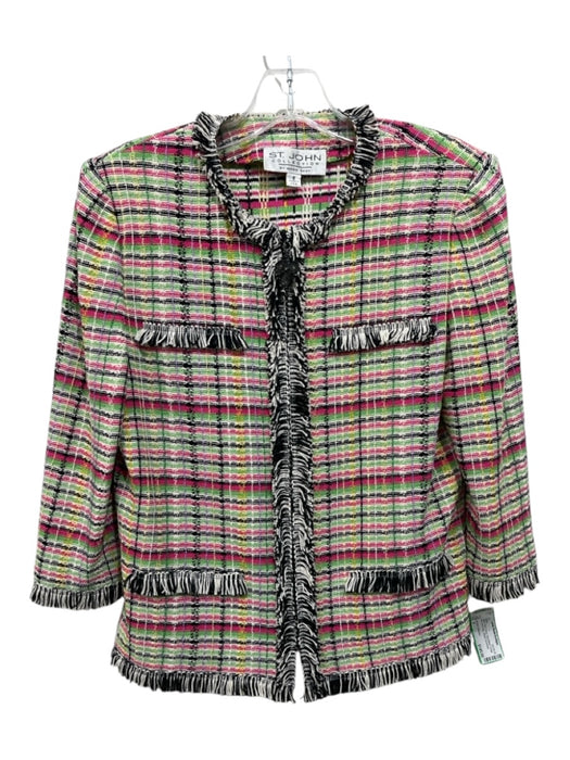 St John Collection Size 6 Green, Pink & Black Wool Blend Fringe trim Jacket Green, Pink & Black / 6