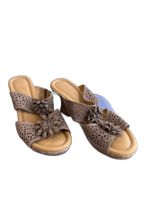 Bjorndal Shoe Size 8.5 Taupe & Tan Leather Slip On Open Toe Wedge Sandals Taupe & Tan / 8.5
