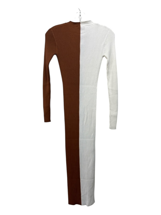 Staud Size XS Brown & White Viscose Blend Ribbed Knit Button Front Midi Dress Brown & White / XS