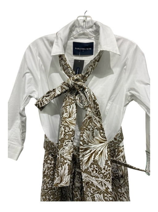 Samantha Sung Size 4 White & Brown Cotton Blend Long Sleeve Button Down Dress White & Brown / 4