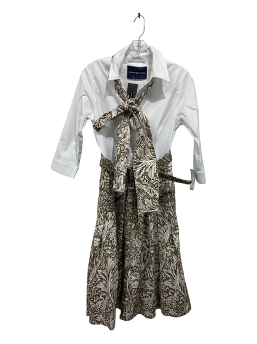 Samantha Sung Size 4 White & Brown Cotton Blend Long Sleeve Button Down Dress White & Brown / 4