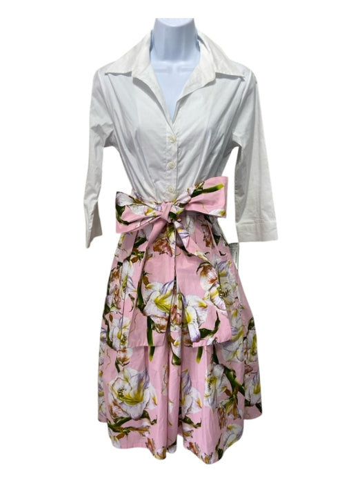 Samantha Sung Size 4 White & Pink Print Cotton Blend Floral Button Down Dress White & Pink Print / 4