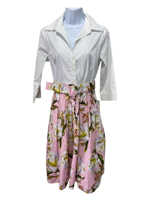 Samantha Sung Size 4 White & Pink Print Cotton Blend Floral Button Down Dress White & Pink Print / 4