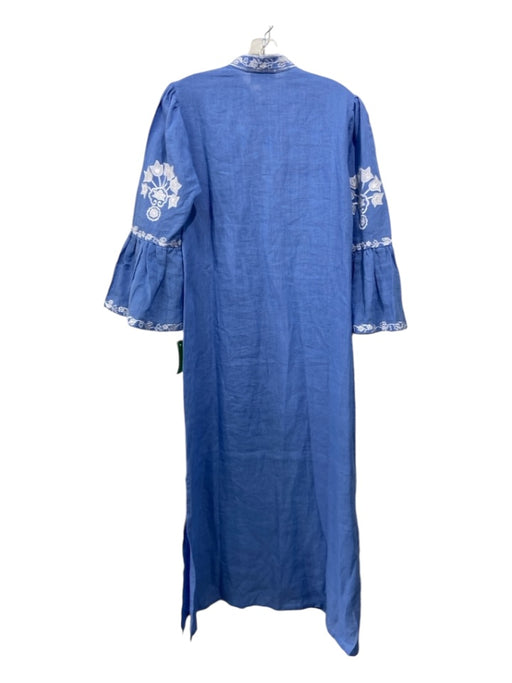 Asha Size S Blue & White Linen Floral Embroidered Half Button Maxi Dress Blue & White / S