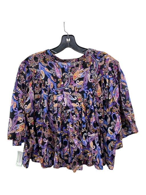 Sundry Size 1 Black, Purple & Blue Cotton Crop Paisley Button Up Top Black, Purple & Blue / 1