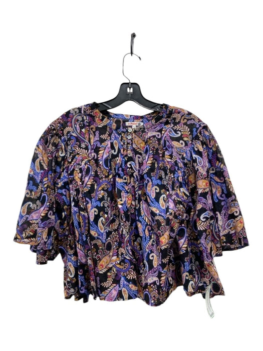 Sundry Size 1 Black, Purple & Blue Cotton Crop Paisley Button Up Top Black, Purple & Blue / 1