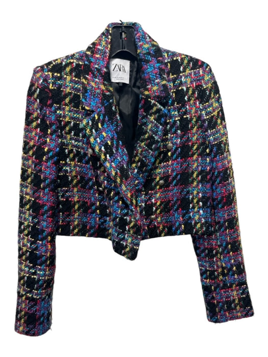 Zara Size XS Black & Multi Polyester Tweed Double Breast Crop Jacket Black & Multi / XS