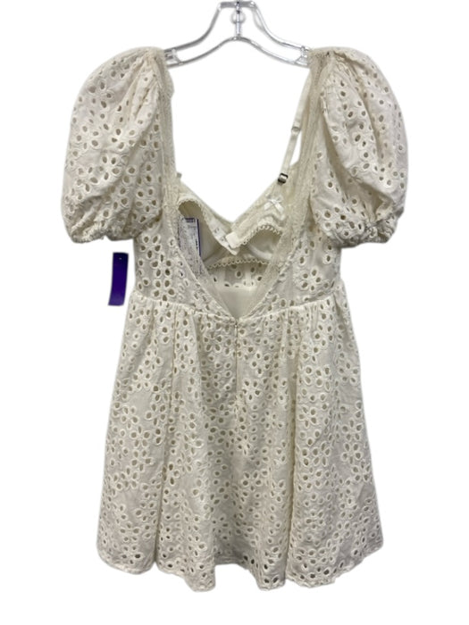 For Love & Lemons Size M White Linen Blend Floral Eyelet Short Puff Sleeve Dress White / M