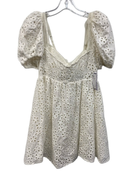 For Love & Lemons Size M White Linen Blend Floral Eyelet Short Puff Sleeve Dress White / M