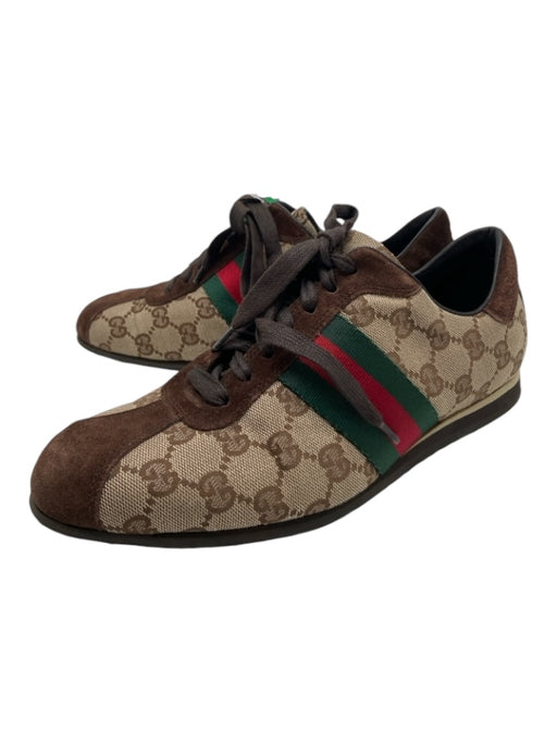 Gucci Shoe Size 8 Brown, Red & Green Canvas Low Top Laces Monogram Sneakers Brown, Red & Green / 8