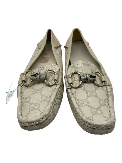 Gucci Shoe Size 38 Cream Leather Square Toe Horsebit Penny Loafer Driver Flats Cream / 38