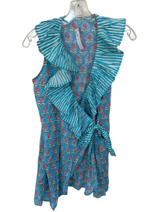 Oliphant Size S Blue & Pink Cotton Floral Wrap Mini Dress Blue & Pink / S