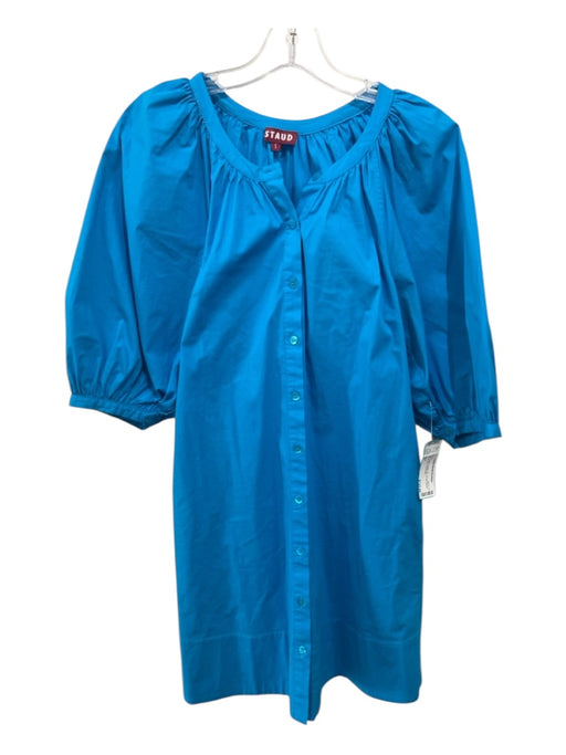 Staud Size S Blue Cotton Button Up 1/2 Puff Sleeve Above Knee Dress Blue / S