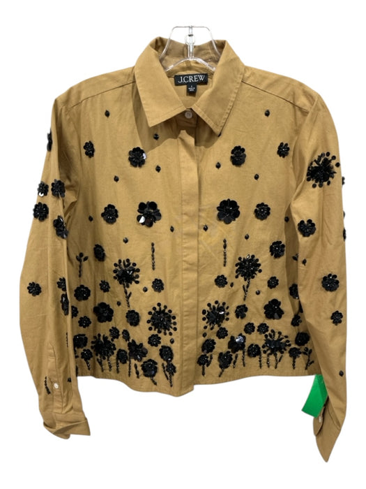 J. Crew Size 6 Light Brown & Black Cotton Long Sleeve Beaded Buttons Blouse Top Light Brown & Black / 6