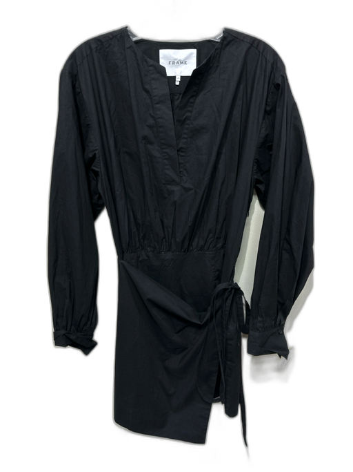 Frame Size M Black Cotton Long Sleeve Wrap Detail V Neck Mini Dress Black / M