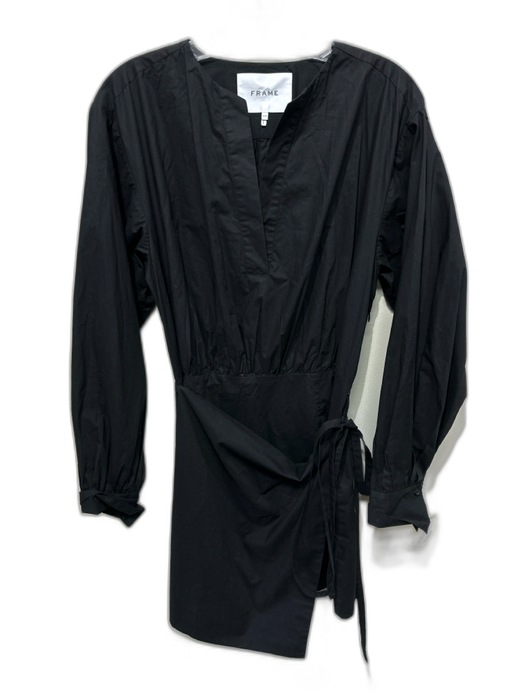 Frame Size M Black Cotton Long Sleeve Wrap Detail V Neck Mini Dress Black / M