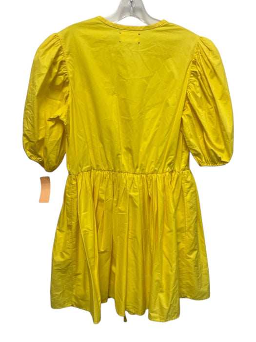 XiRENA Size M Yellow Cotton Short Puff Sleeve 1/2 Button pleats Dress Yellow / M