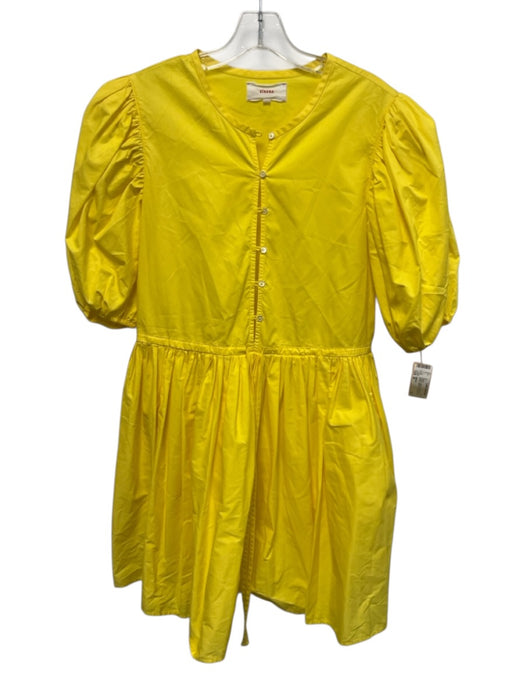 XiRENA Size M Yellow Cotton Short Puff Sleeve 1/2 Button pleats Dress Yellow / M