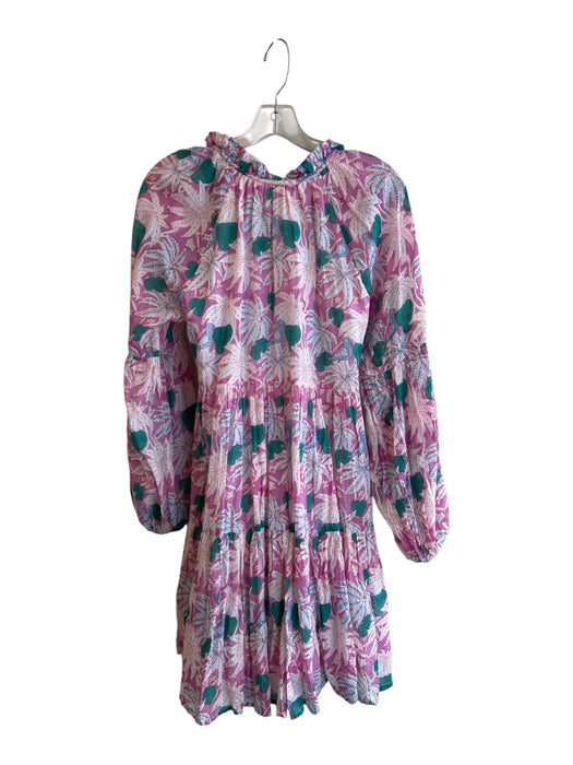 Oliphant Size S Pink & Green 100% Cotton Long Sleeve Floral Print Tie Neck Dress Pink & Green / S