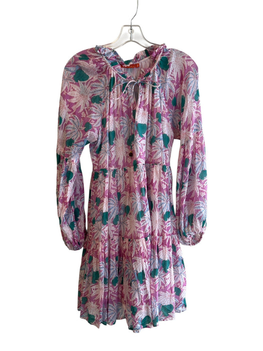 Oliphant Size S Pink & Green 100% Cotton Long Sleeve Floral Print Tie Neck Dress Pink & Green / S