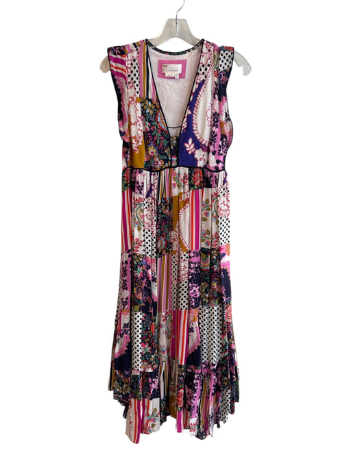 Anthropologie Size 6 Pink & Multi Viscose V Neck Floral Print Tiered Dress Pink & Multi / 6