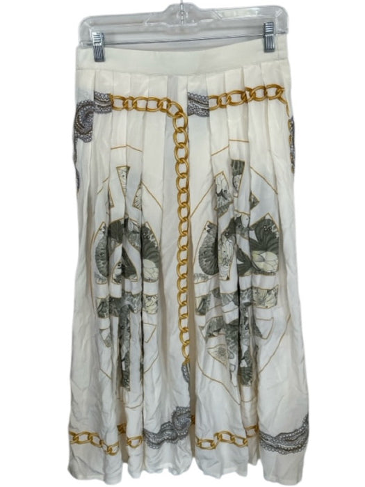 Louis Feraud Size 10 Cream & Green Silk Chain Print Button Down Slit Fold Skirt Cream & Green / 10
