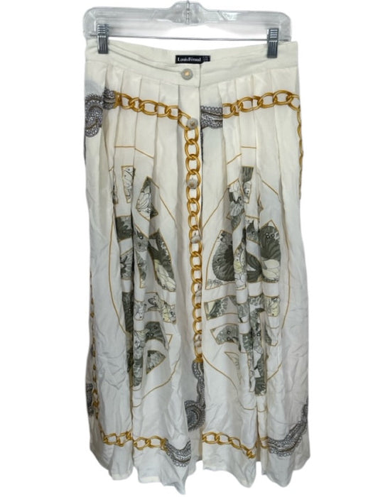 Louis Feraud Size 10 Cream & Green Silk Chain Print Button Down Slit Fold Skirt Cream & Green / 10