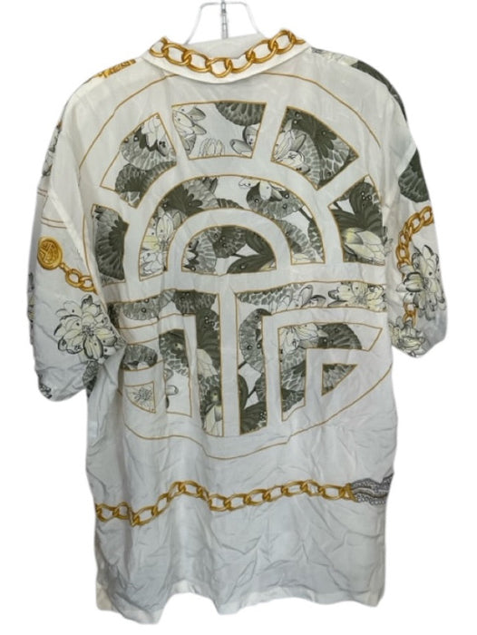 Louis Feraud Size 12 Cream & Green Silk Chain Print Lily pad Collar Top Cream & Green / 12